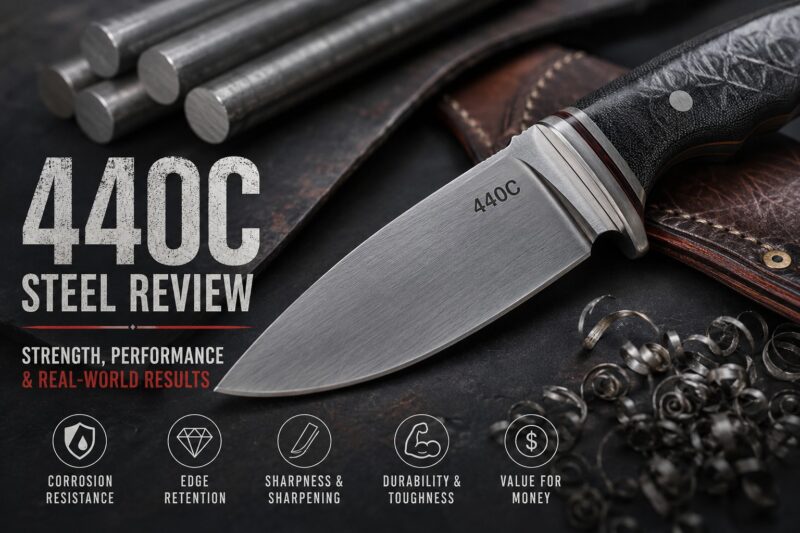 440C stainless steel knife blade close-up