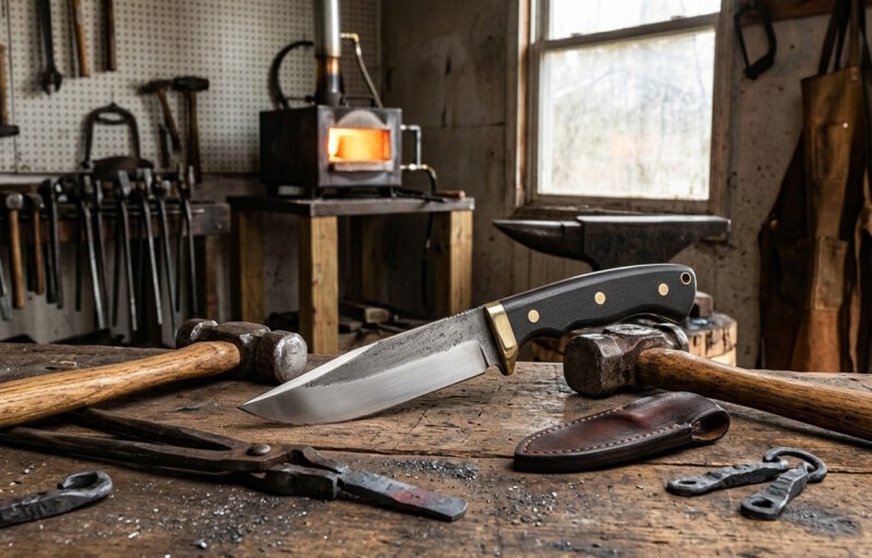 Custom forged 52100 chef knife in workshop