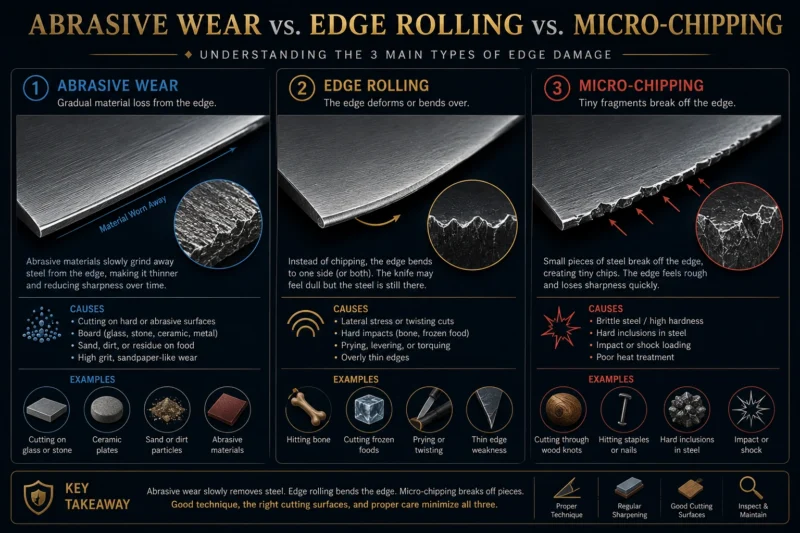Abrasive wear vs. edge rolling vs. micro-chipping
