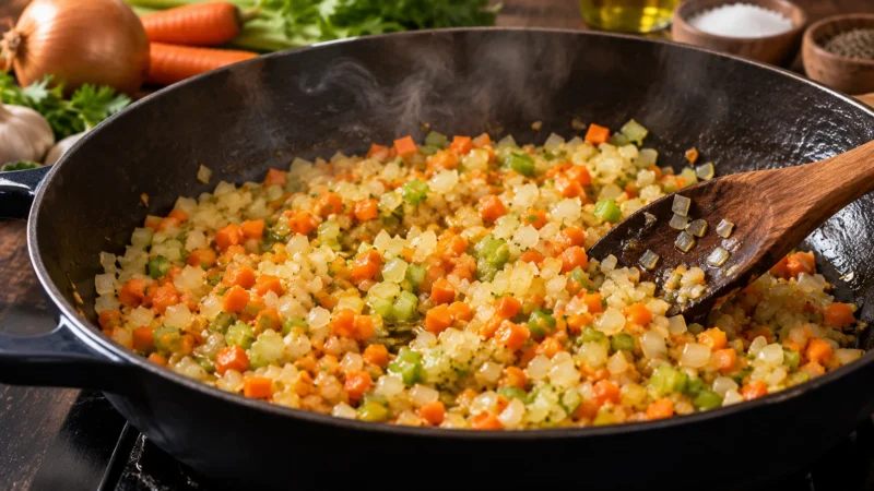 Onion carrot and celery cooking as the base for Bolognese sauce