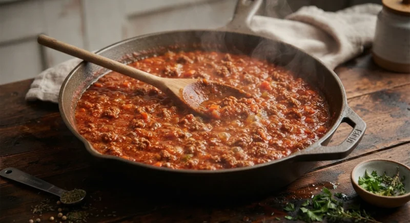Bolognese meat sauce gently simmering with tomatoes and herbs