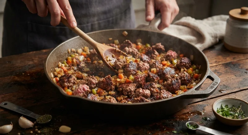 Ground beef browning with vegetables for homemade Bolognese sauce