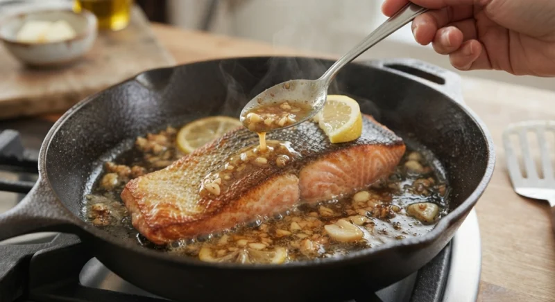 Basting pan-seared salmon with garlic butter and lemon