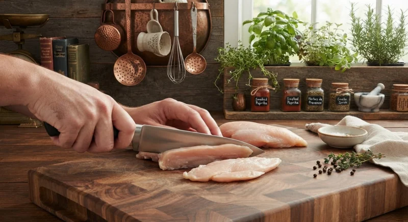 Chicken breast being sliced horizontally into thin cutlets