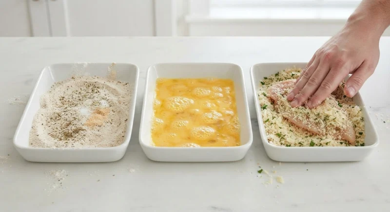 Breading station with flour eggs and Parmesan breadcrumbs for chicken cutlets