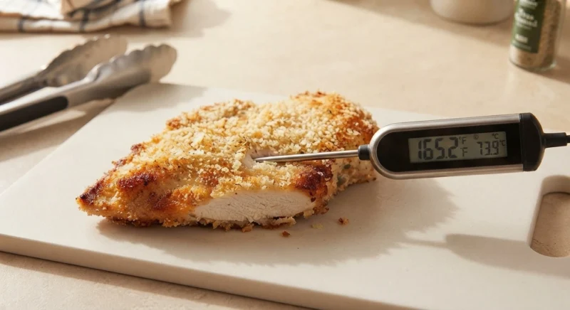 Checking the internal temperature of a chicken cutlet with a thermometer