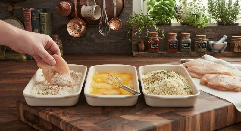 Breading station with flour, eggs, and Parmesan breadcrumbs for chicken Parmesan