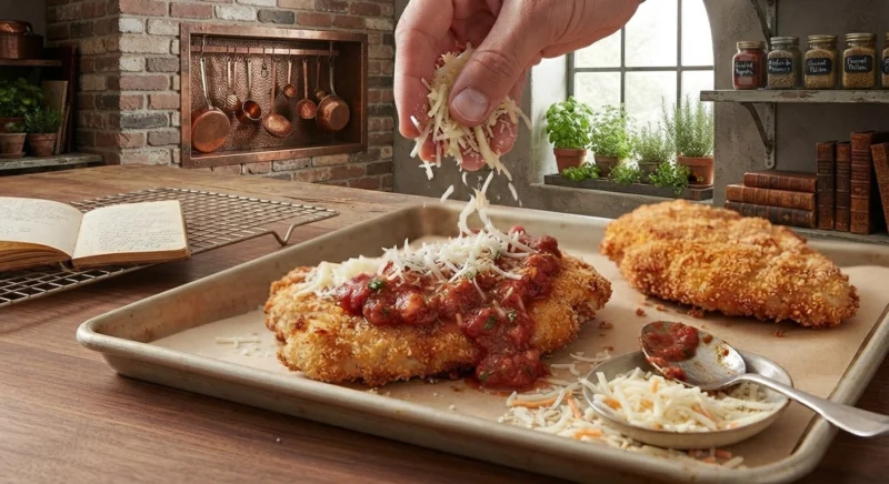 Chicken Parmesan topped with marinara sauce and mozzarella before baking