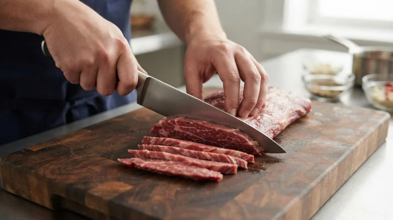 Classic Beef Stroganoff Slicing the Beef