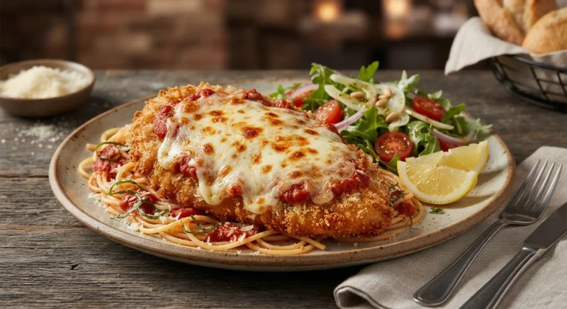 Classic chicken Parmesan with crispy chicken, marinara, and melted cheese