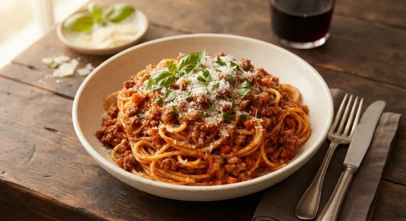 Classic spaghetti Bolognese served with Parmesan and fresh herbs
