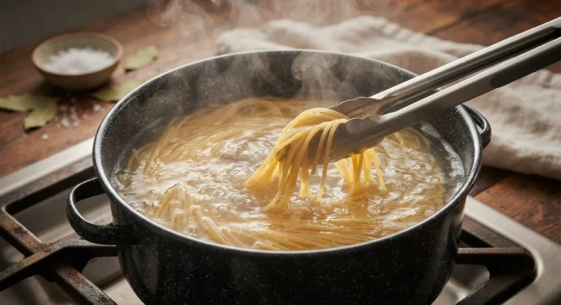 Spaghetti cooking in boiling salted water until al dente