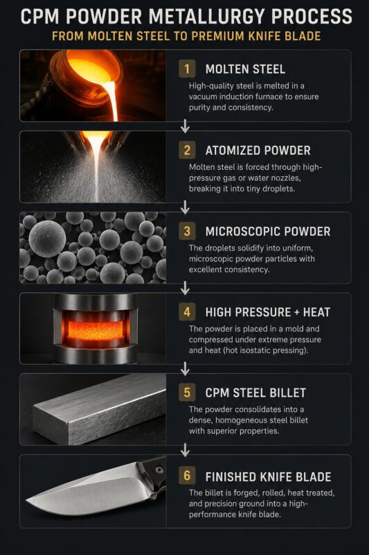 Crucible Particle Metallurgy process used to manufacture CPM S110V steel