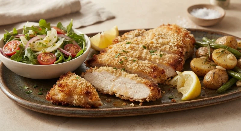 Sliced crispy chicken cutlet showing juicy chicken and crunchy golden crust
