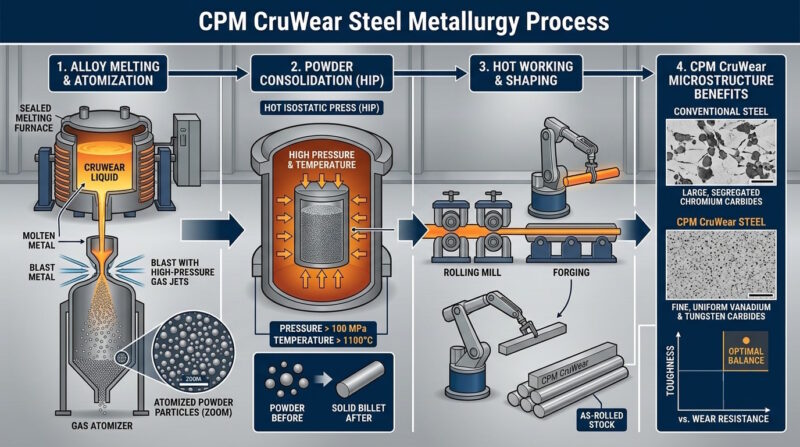 Diagram illustrating the powder metallurgy process used to manufacture CPM CruWear steel.