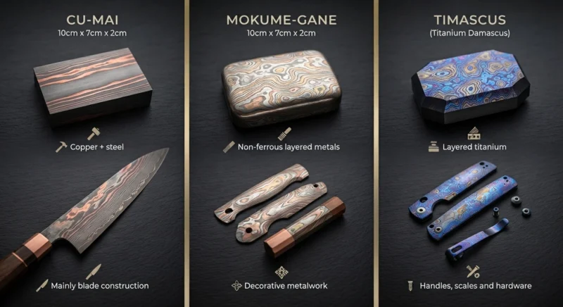 Cu-Mai mokume-gane and Timascus visual comparison