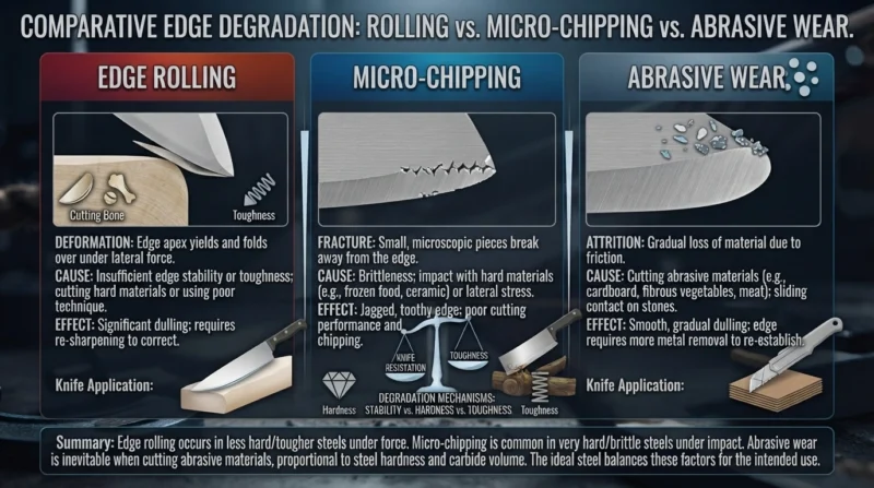 Edge rolling vs. micro-chipping vs. abrasive wear.