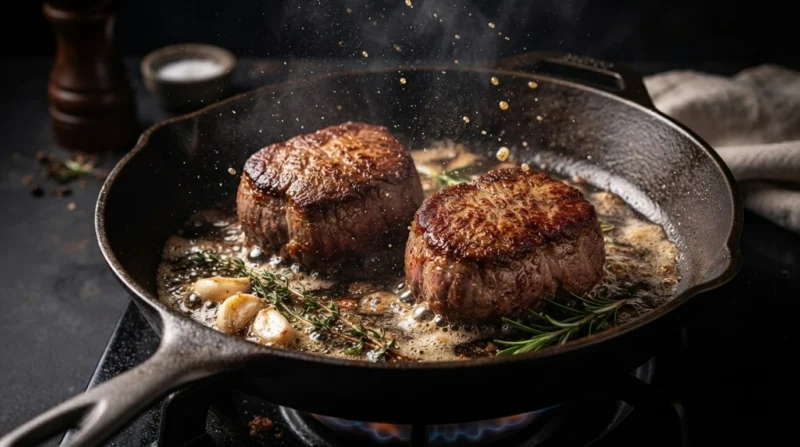 Filet mignon steaks in a hot cast-iron skillet