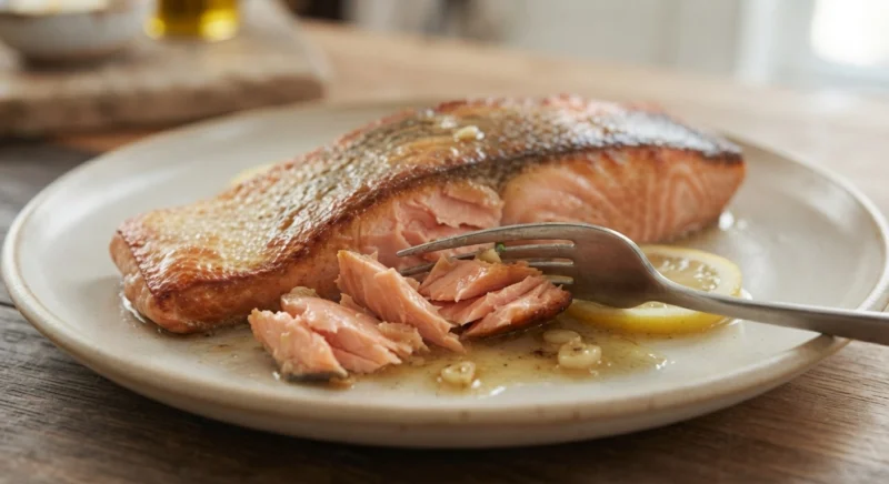Moist flaky salmon with crispy skin after pan searing