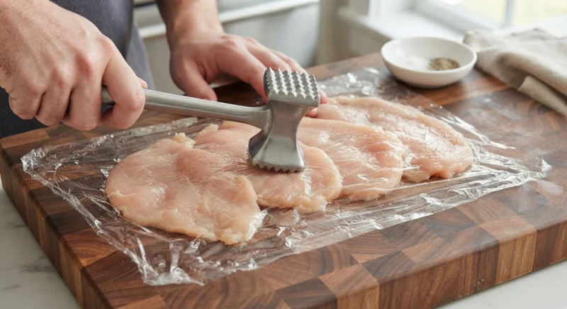 Chicken cutlets being gently flattened to an even thickness