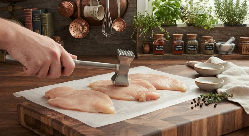 Chicken cutlets being gently flattened to an even thickness