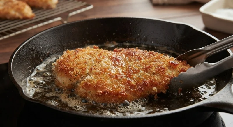 Breaded chicken cutlet frying until golden and crispy