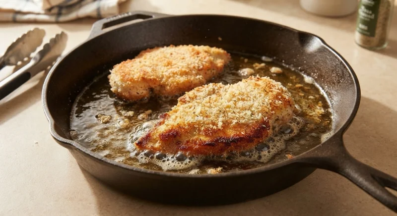 Chicken cutlet frying in a skillet until golden and crispy