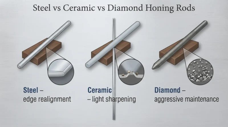 Comparison of steel, ceramic, and diamond honing rods