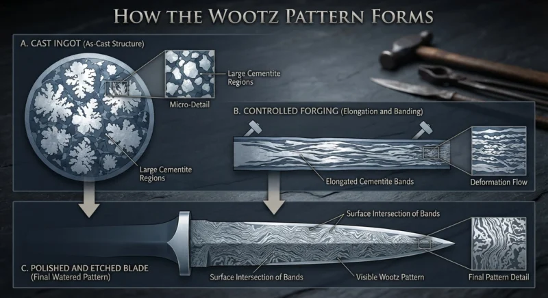 ow cementite bands create the characteristic wootz steel pattern