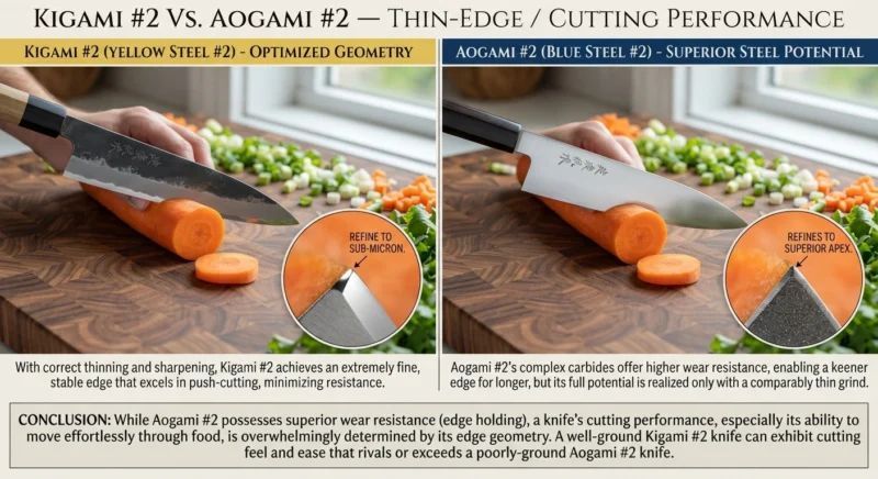 Kigami #2 vs Aogami #2 Thin-edge cutting performance