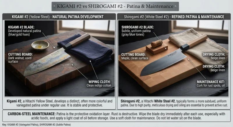 Kigami #2 vs Shirogami #2 Patina and maintenance