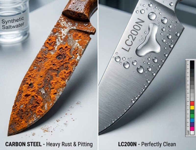 LC200N steel knife showing corrosion resistance in wet environment