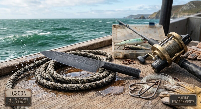 LC200N knife beside fishing gear