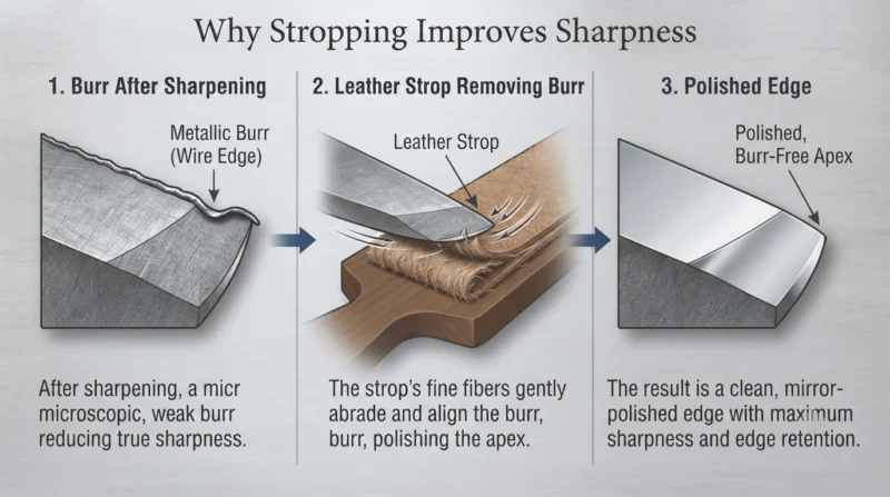 Leather strop removing a burr and polishing a knife edge