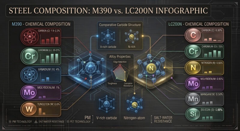 M390 and LC200N Chemical Composition Infographic