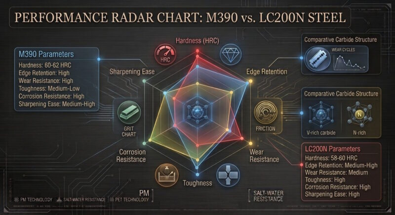 M390 and LC200N Performance Radar Chart – Hardness, edge retention, wear resistance