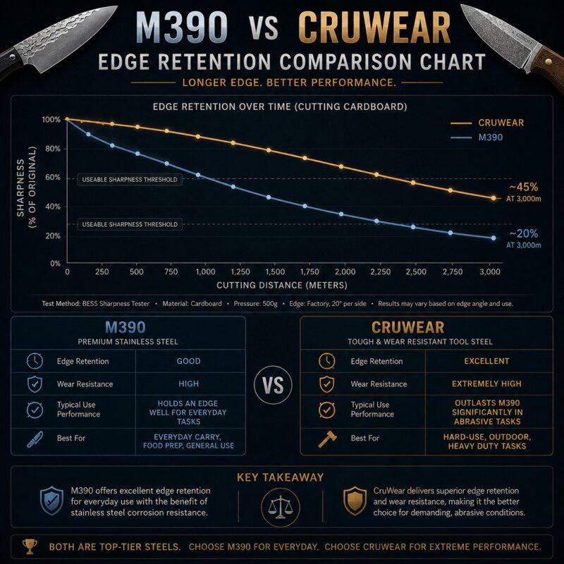 M390 vs CruWear Edge Retention Comparison Chart