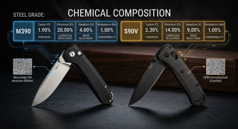 Chemical composition comparison of M390 and S90V knife steels