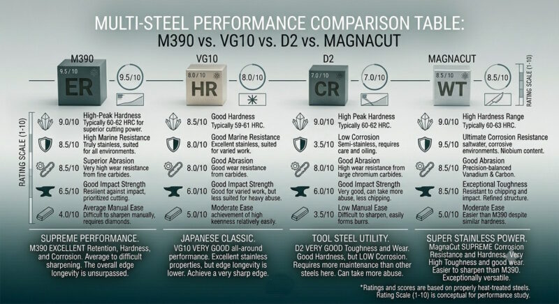 M390 vs VG10 vs D2 vs MagnaCut Comparison Table