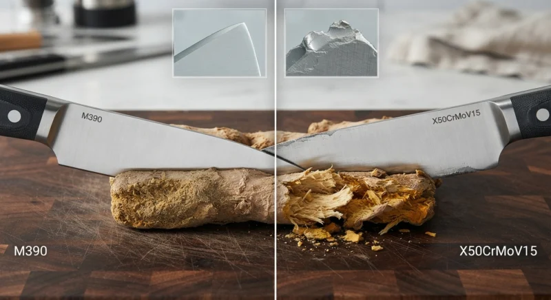 M390 vs X50CrMoV15 edge retention and wear resistance
