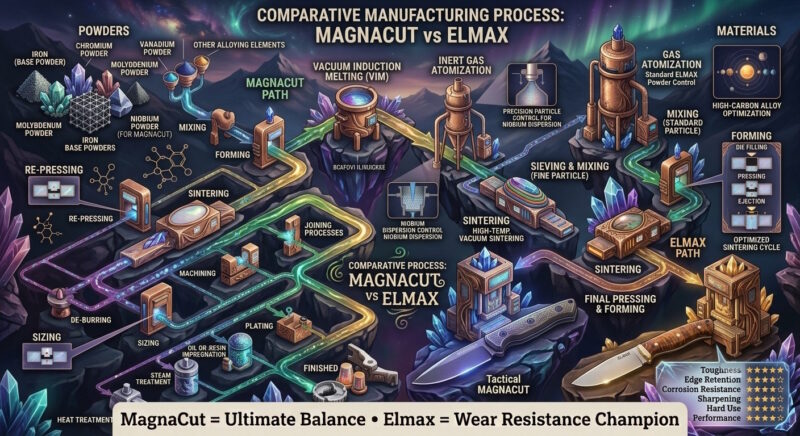 Powder metallurgy manufacturing process used to produce MagnaCut and Elmax knife steels.