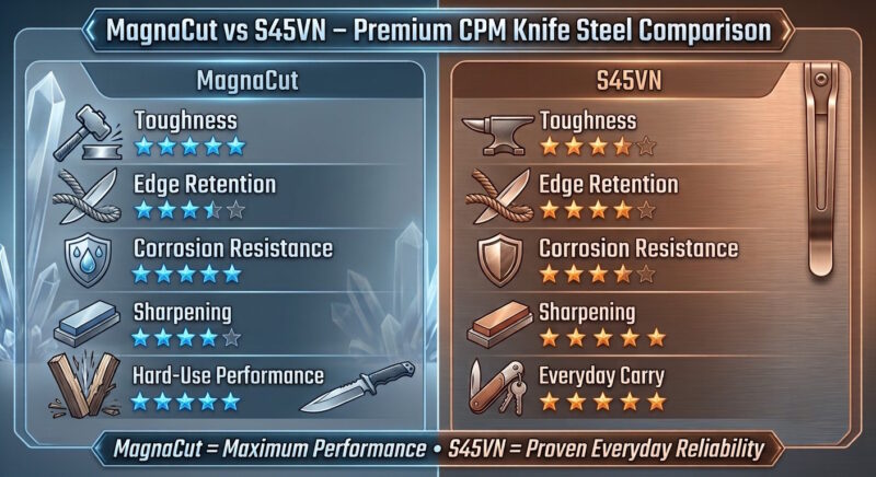 MagnaCut vs S45VN premium CPM knife steel comparison infographic