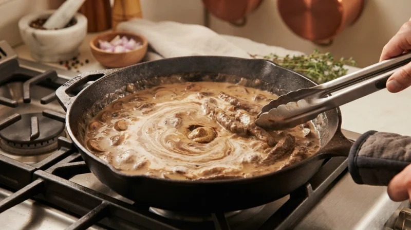 Making the Creamy Stroganoff Sauce