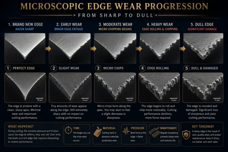 Microscopic edge wear progression from sharp to dull.