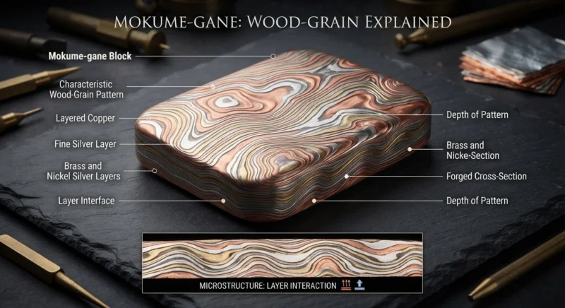 Japanese mokume-gane layered metal with wood-grain pattern