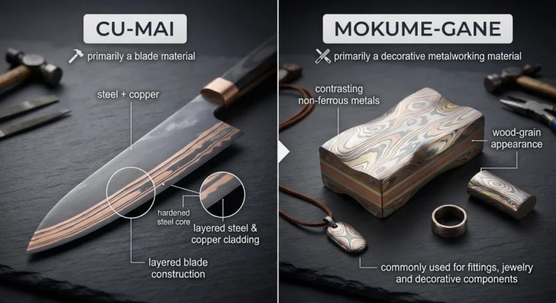 Cu-Mai versus mokume-gane material structure comparison