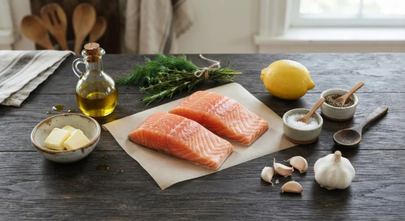 Ingredients for classic pan-seared salmon recipe
