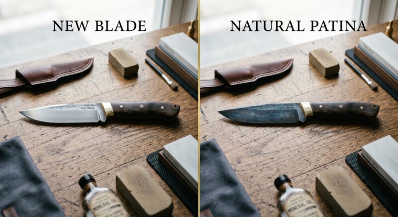 Patina Example – Side-by-side image of a new blade and one with a natural patina.