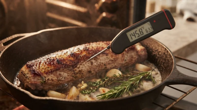 Checking the internal temperature of pork tenderloin with a meat thermometer