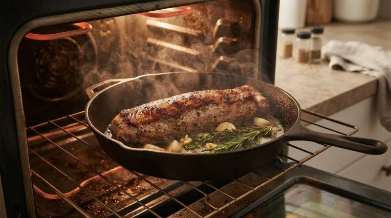 Pork tenderloin roasting in a skillet with garlic and herbs
